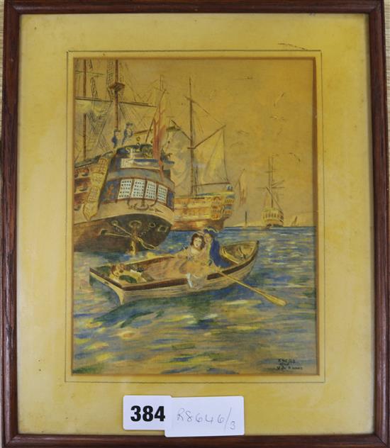 E. W. after B. Ward, watercolour, The sailors farewell 20 x 16cm